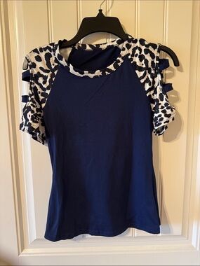 SHEIN Navy Cold-Shoulder Tee with White & Black Leopard Trim